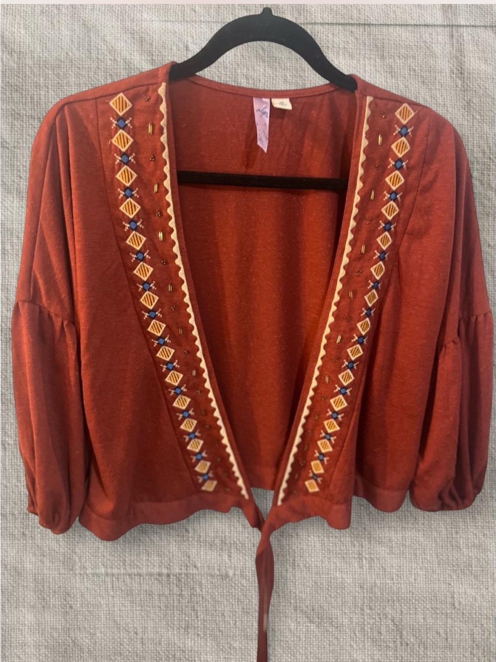 Embroidered Rust Women's Cardigan With Tied Waist